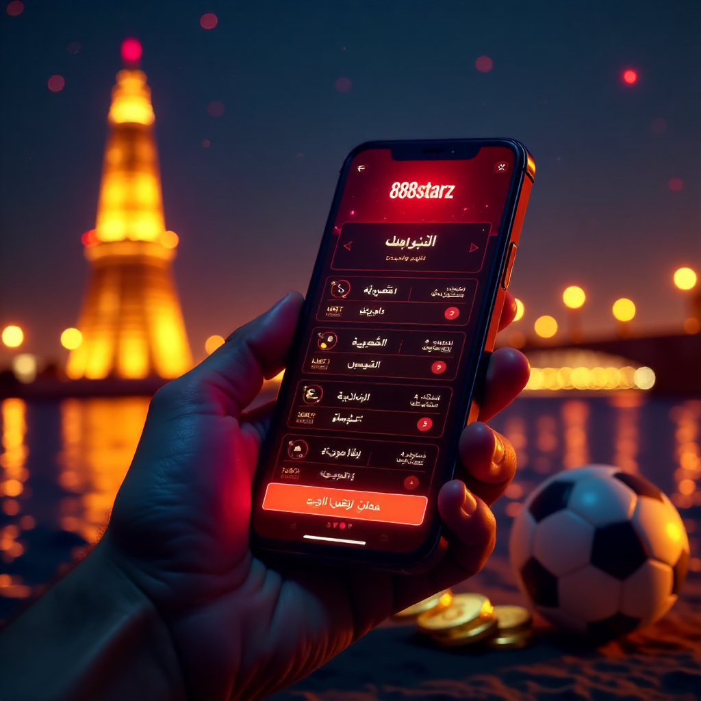 يد تحمل هاتفًا يعرض تطبيق 888starz egypt الرسمي بواجهة عربية حمراء وسوداء أنيقة للمراهنات الرياضية والكازينو المباشر على أندرويد و ios، وفي الخلفية برج القاهرة ونهر النيل ليلاً مع عملات ذهبية وكرة قدم